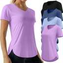 Oakgarden 4 Pack Women's Workout Tops Quick Dry UPF 50+ Exercise V Neck UV Lightweight Gym Side Slits Curved Hem Shirts (Large, Black, Blue, Light Blue, Taro Purple)
