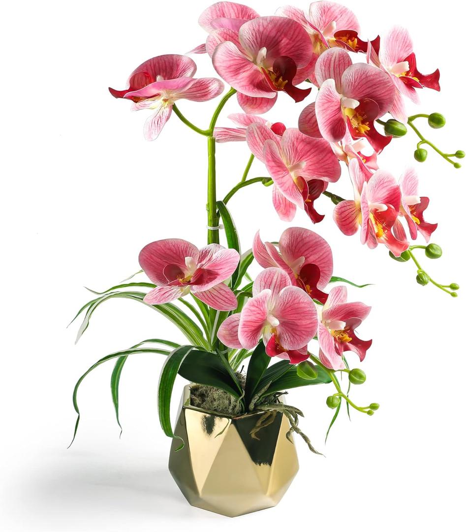 Orchids Artificial Flowers, Fake Orchid Plants & Flowers in Vase, Faux Orchid in Pot for Home Decor Indoor,Pink Artificial Flowers with Gold Vase