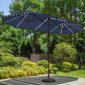 PHI VILLA 13ft Large Patio Umbrella with Solar Lights, Double-Sided Outdoor Market Rectangle Umbrella with 120 PCS LED Lights, Navy Blue(No Base)