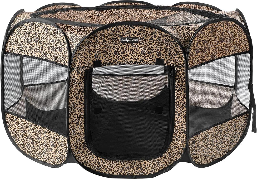 Lucky Monet Portable Dog Cat Playpen Small Dog Puppy Kitten Play Pens Indoor Pop Up Travel Dog Pen for Outdoor Camping Use (Small(29"x29"x16"), Leopard Print)