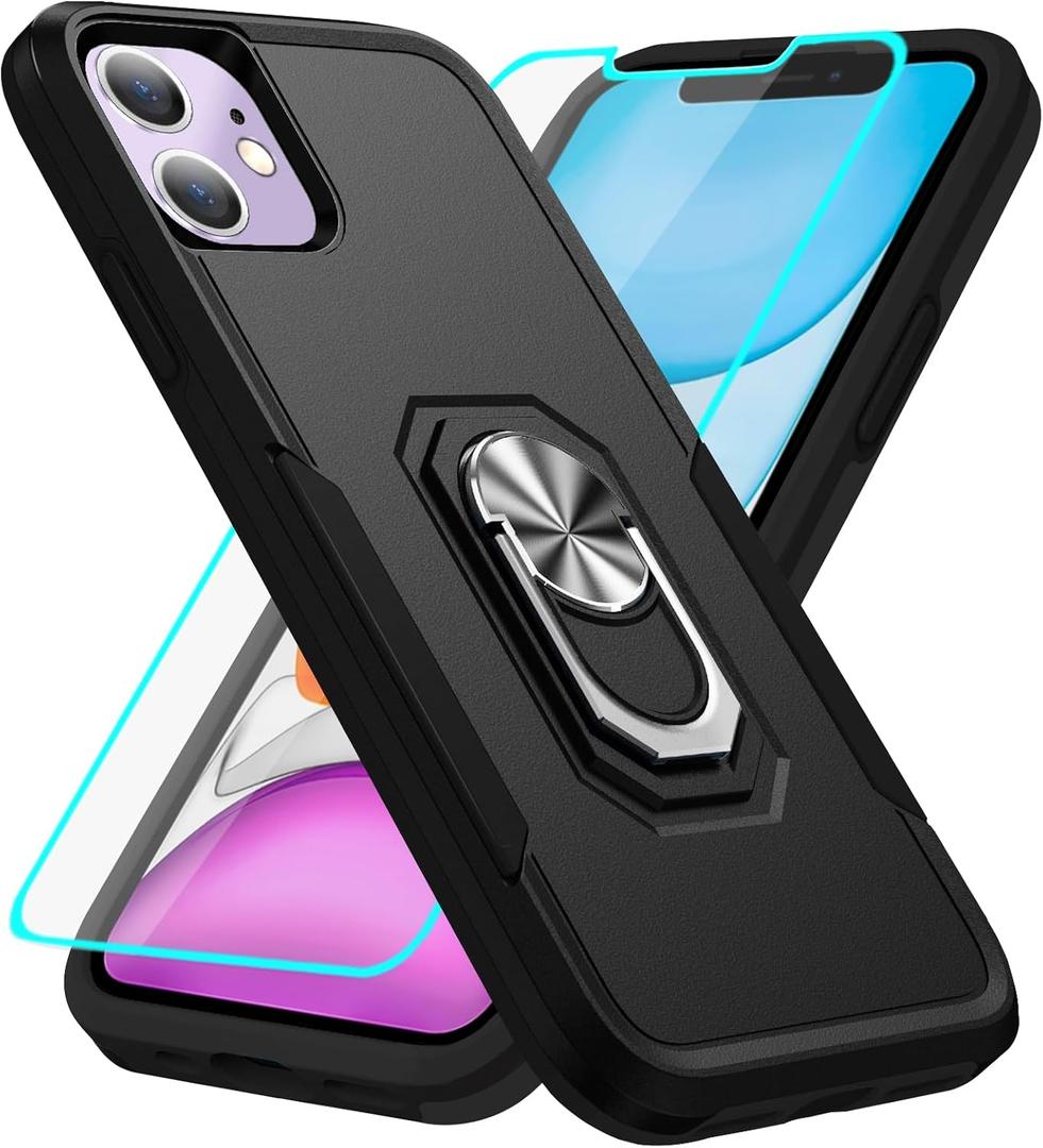 HNHYGETE for iPhone 11 Phone Case with Screen Protector: Shockproof Military-Grade Heavy Duty with Ring Kickstand Phone Case for - iPhone 11 Black