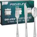 FOCUSLINE 300 Pack Silver Plastic Cutlery Set - 100 Forks, 100 Knives, 100 Spoons - Disposable Flatware Heavy Duty Plastic Silverware Set for Catering, Parties, Dinners, Weddings