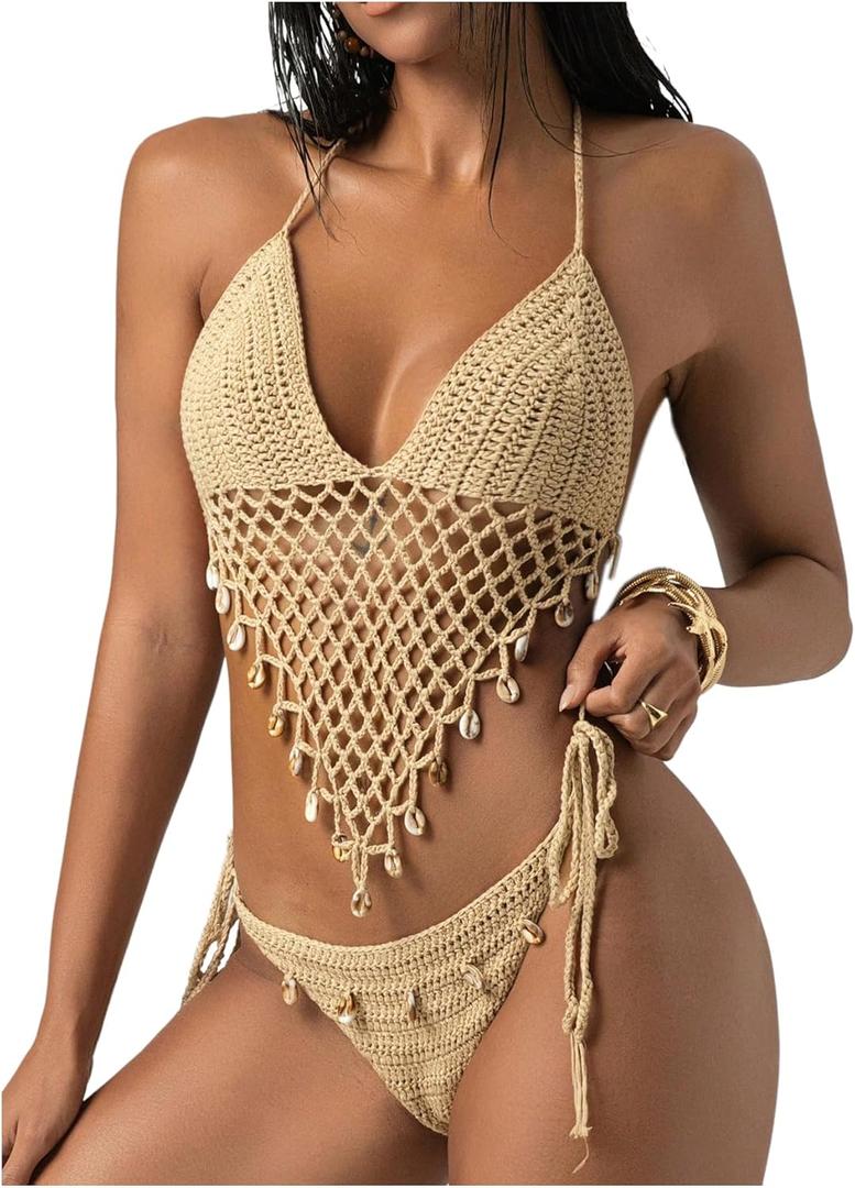 MakeMeChic Women's Boho Hollow Out Halter Bikini Sets Shell Crochet Summer Beach Swimsuit Bathing Suit (Medium, Khaki)