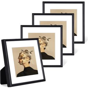 5x5 Picture Frame Set of 4, Matted Black Simple Modern Brushed Thin Aluminum Metal Square Photo Frame Fits 4x4 with Mat or 5 x 5 without Mat Display For Tabletop or Wall Collage
