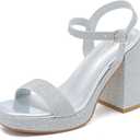 Platform Sandals Women Fashion Block Chunky Heeled Sandals Open Toe High Heels Evening Wedding Party Prom Dance Summer Ankle Strap Dress Shoes (5.5, Glitter Silver)