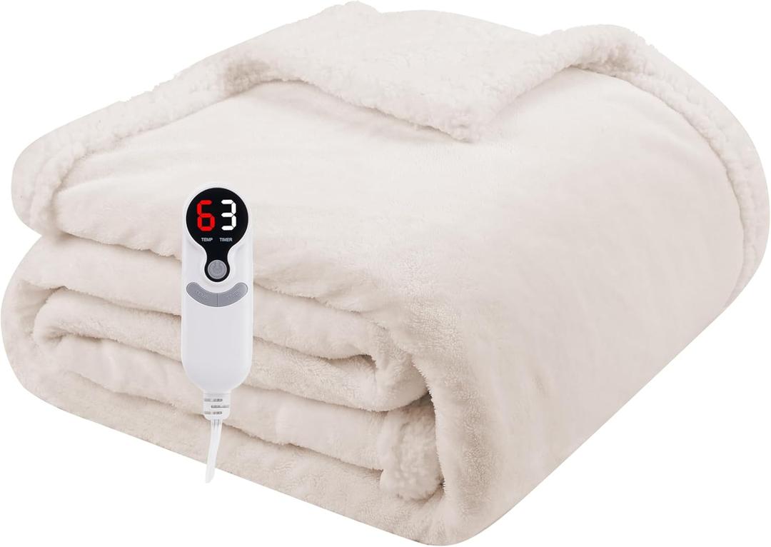 Electric Heated Blanket Throw Size 50"x60", Soft Flannel with Overheat Protection, 9 Adjustable Heat Settings & 10-Hour Auto-Off Timer, Fast Heating for Winter Comfort, White