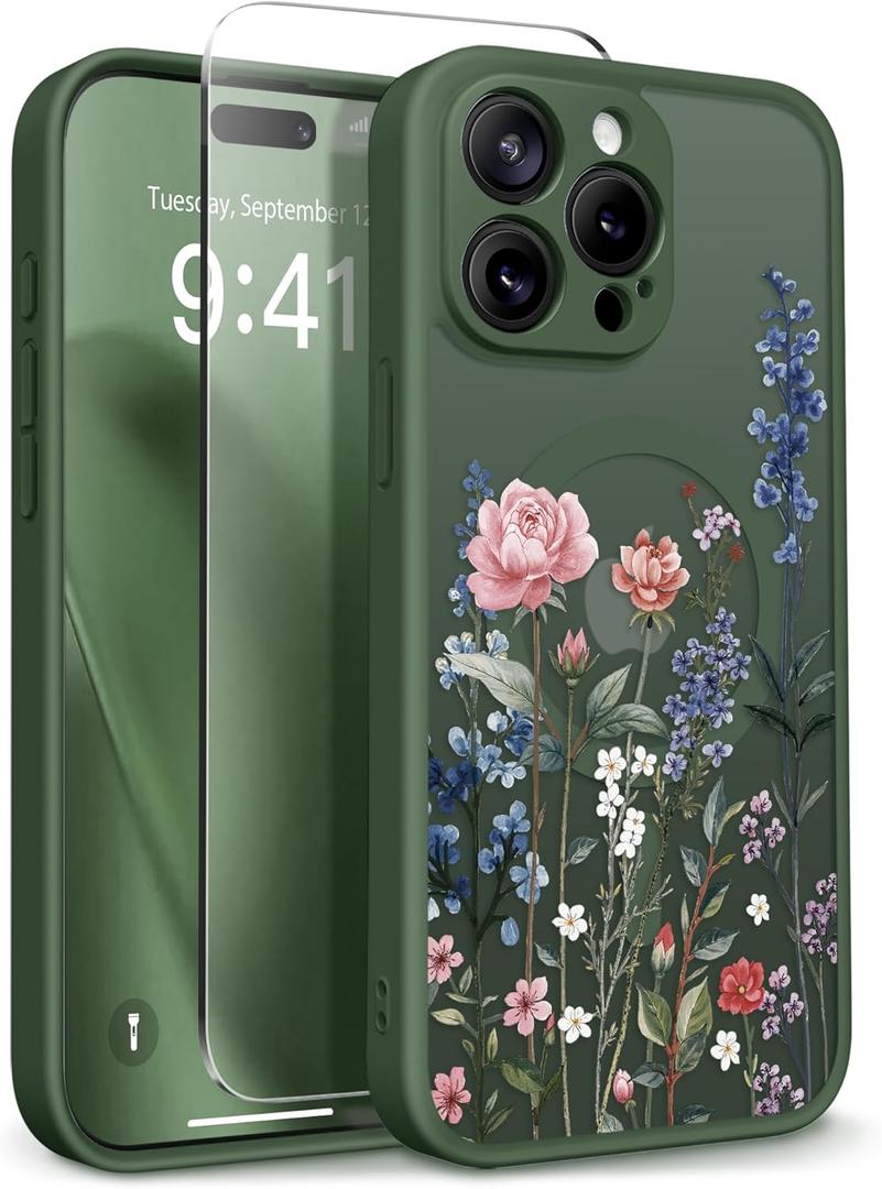 GVIEWIN for iPhone 15 Pro Case Compatible with MagSafe, [Military Grade Protection] [Screen Protector] Full Camera Protection Floral Translucent Women Magnetic Phone Case, Lush Garden/Forest Green