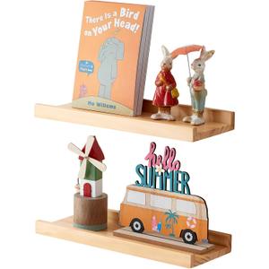 Wood Floating Shelves Set of 2 Pine Wood Wall Shelf 16 inches, Floating Shelf for Wall Mounted - Upgrade Width 5.85", Floating Display Shelves for Living Room Bedroom Kitchen Bathroom, Natural