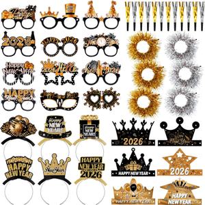 42 Pcs Black Gold Silver New Year's Eve Party Supplies 2026 Happy New Year Eve Party Supplies Headband Tiara Eyeglasses Noisemaker Bracelets Wreath for NYE Supplies 2026