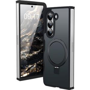 [Magnetic Stand & Wave Frame] Case for Samsung Galaxy Z Fold 6 Not Yellowing Translucent Z Fold 6 Phone Ring Cover for Women Men 7.6" Black