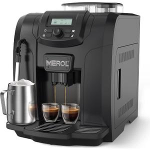 MEROL Fully Automatic Espresso Coffee Machine, 19 Bar Cafe Maker Built-in Adjustable Grinder and Manual Milk Frother Steam Wand, for Cappuccino Latte Macchiato, for Coffee Lover, ME-715, Black