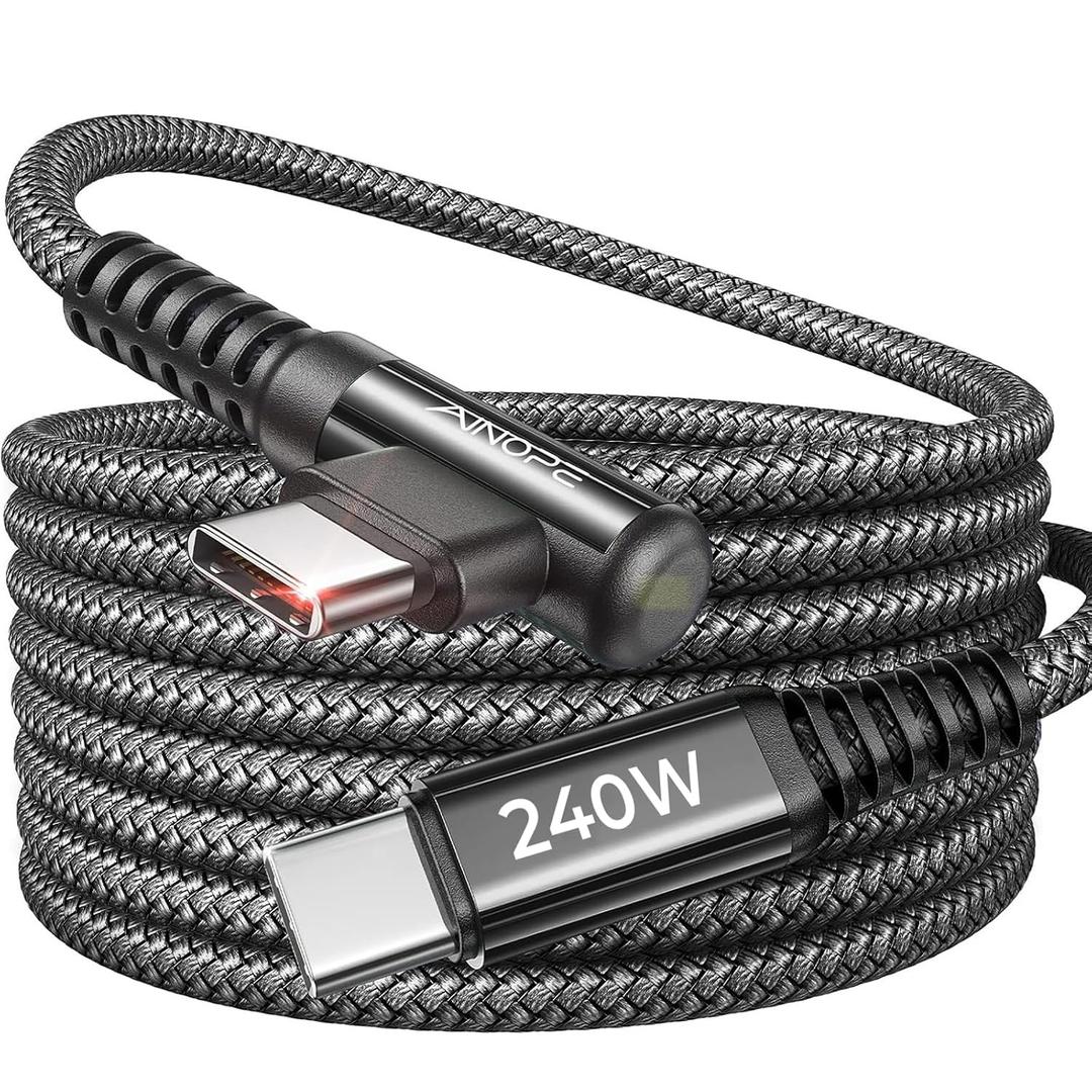 AINOPE 240W USB C to USB C Cable Fast Charging 15FT,Right Angle Fast Type C Charging Cable Fits iPhone 16 Pro Max Plus,iPhone 15,MacBook Air/Pro,iPad Pro,Samsung,Pixel,All Devices, Black, 1 Pack
