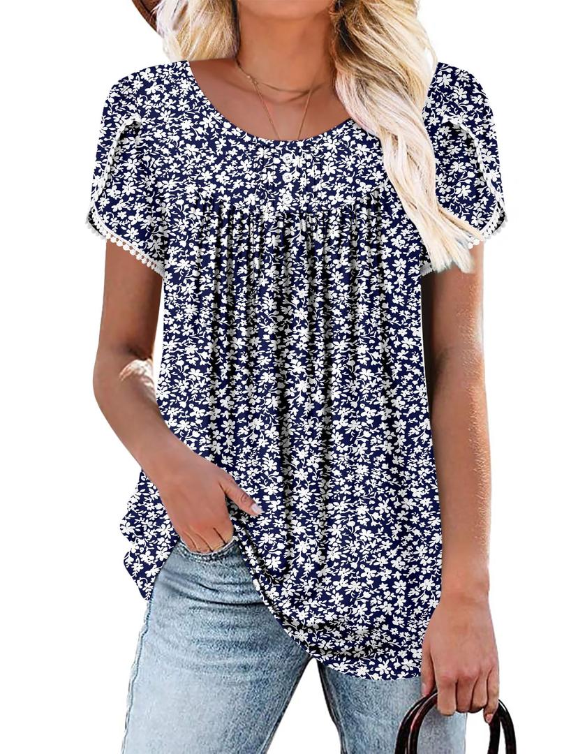 BETTE BOUTIK Floral Short sleeve button down blouse women tops shirt women cute oversized summer shirt FloretDBlue Medium (Blue)
