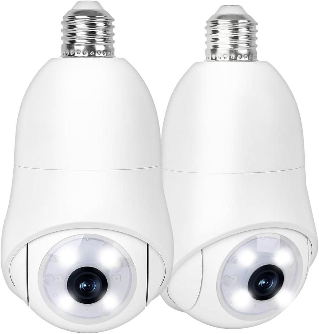Light Bulb Security Camera, 2K 360 Pan Tilt WiFi Outdoor Indoor Cameras for Home Security Color Night Vision 24/7 Motion Tracking Detect Pet Dog Cam 2-Way Talk SD/Cloud Storage 2-Pack