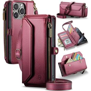 Strapurs Wallet Case Compatible with iPhone 15 Pro Max RFID Blocking 10-Card Holder Soft PU Leather Magnetic Snap Shoulder Strap Zipper Pocket Phone Case Fit for iPhone 15 Pro Max 6.7" - Wine Red