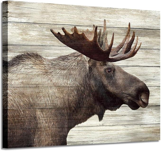 Wildlife Canvas Pictures Wall Art: Majestic Moose Animal Artwork Print in Wood Grain for Farmhouse Living Room Decor  (36''W x 24''H,Multi-Sized) (Elk)