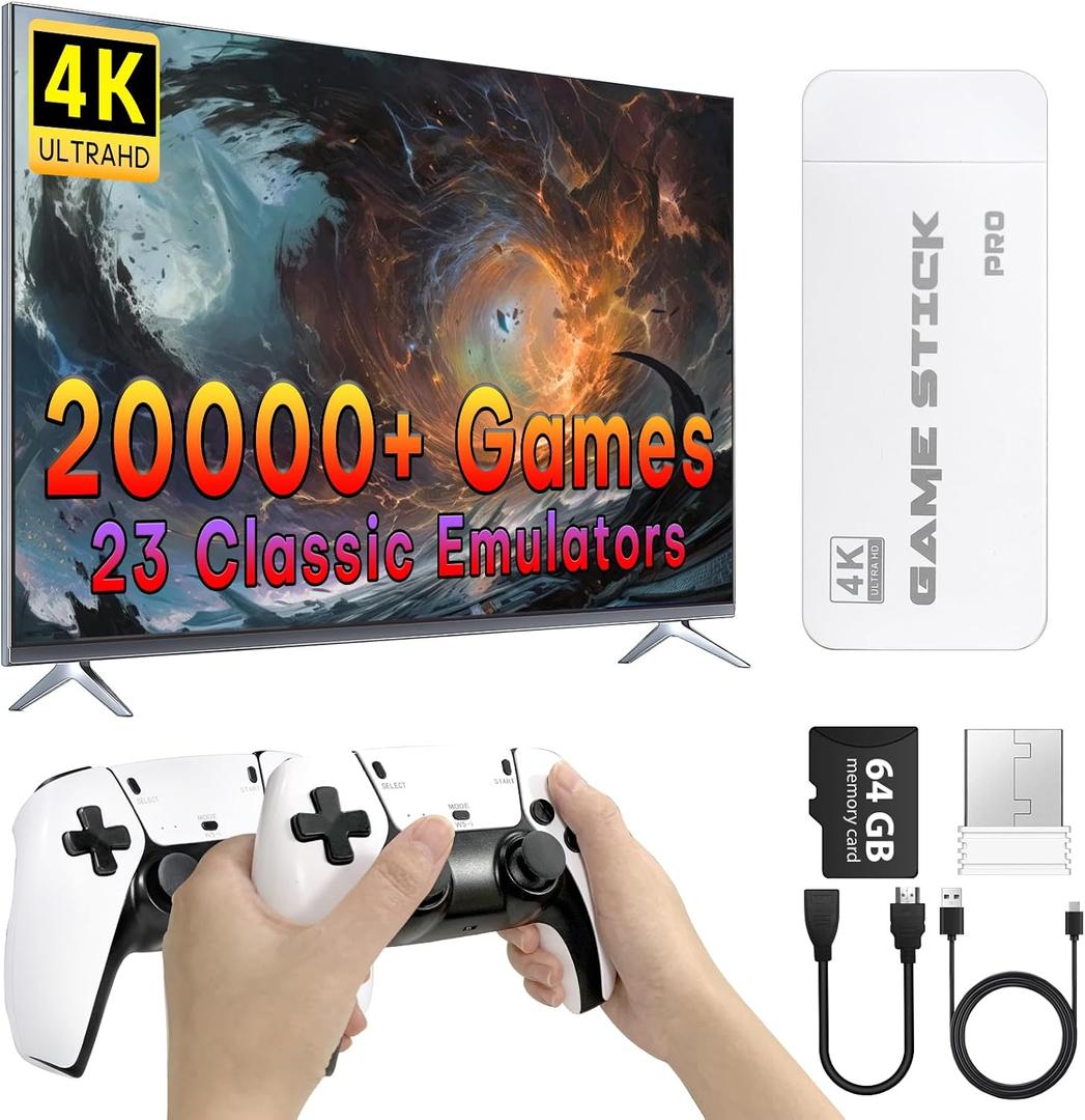 Retro Gaming Console, 23 Emulators, 4K HD HDMI TV Game Stick, Includes 2 Wireless 2.4GHz Controllers, Plug & Play Video Games for TV (64GB)