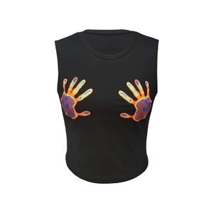 Milumia Women's Casual Hand Print Sleeveless Round Neck Summer Crop Tank Tops Black Top XS 