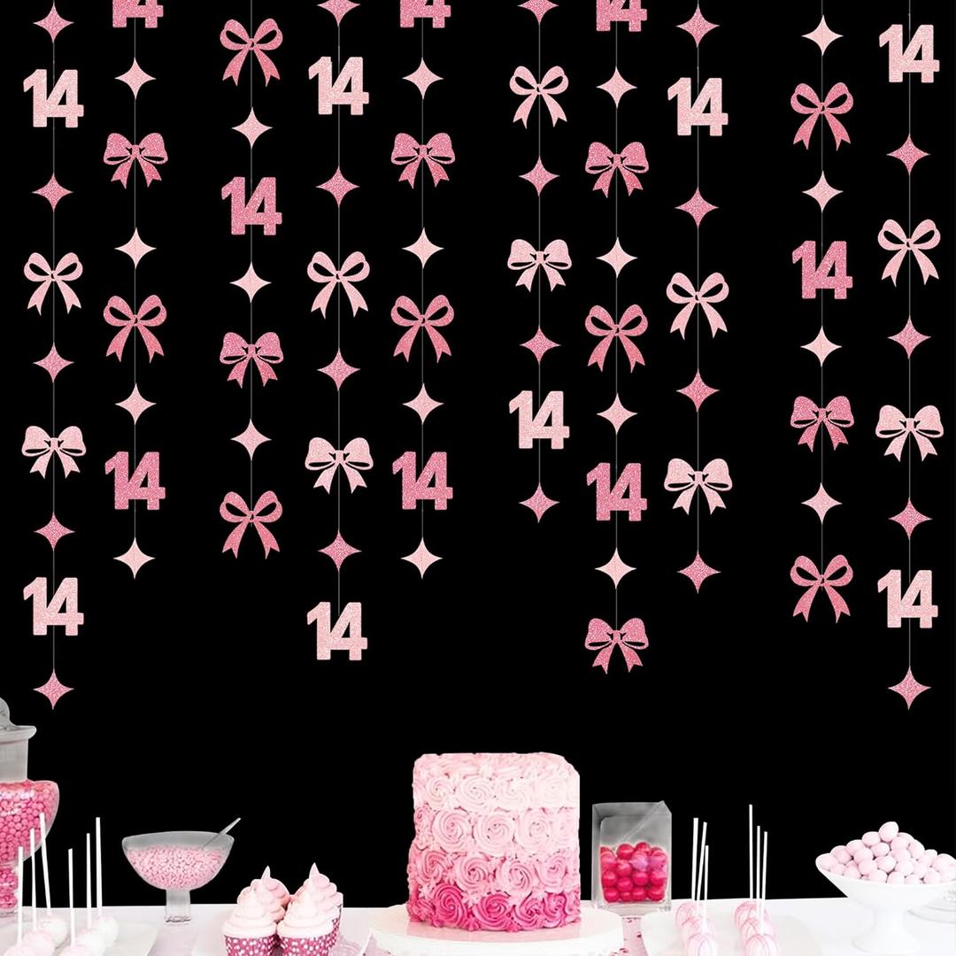 Glitter Pink 14th Bow Birthday Decorations Hot Pink Conquette Bow Garland Streamer Banner Backdrop for Girls Happy 14th Birthday Awesome Since 2012 Cheers to 14 Years Old Anniversary Party Supplies