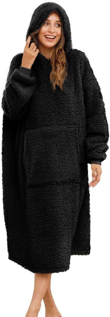 Sherpa Wearable Blanket Oversized Hoodie Sweatshirt TV Blanket with Long Sleeves and Pocket (Black, One Size)