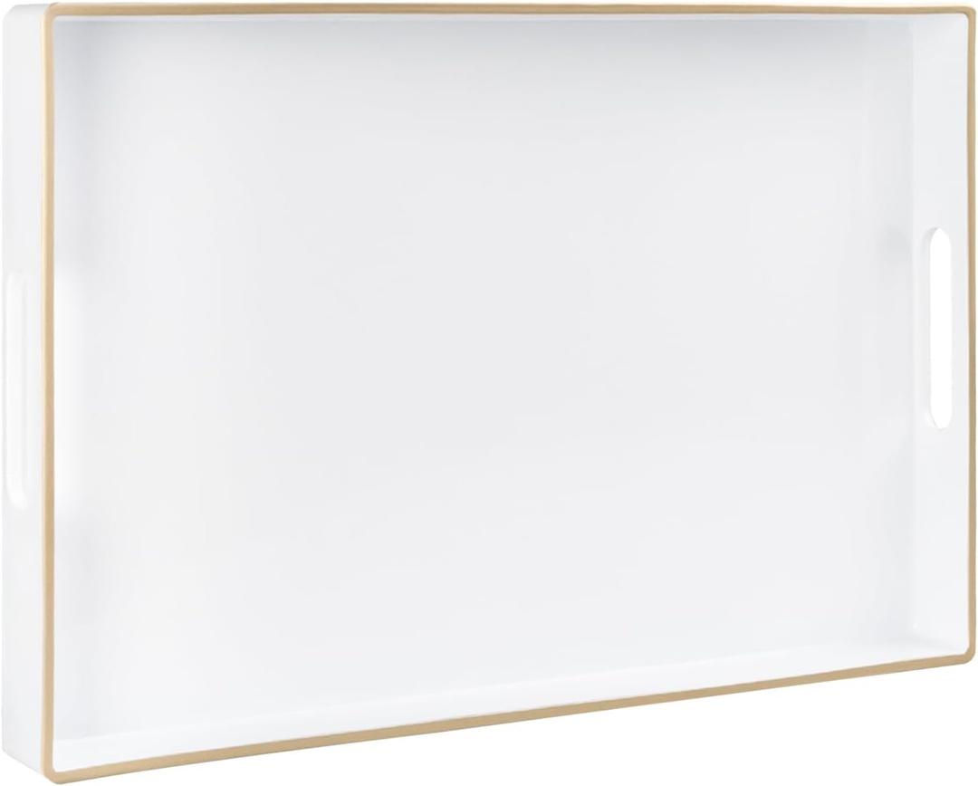 MAONAME White Decorative Tray for Coffee Table, Modern Serving Tray with Handles, Plastic Rectangular Tea Tray for Ottoman, Bathroom Decor, 15.8 X 10.2 x1.4