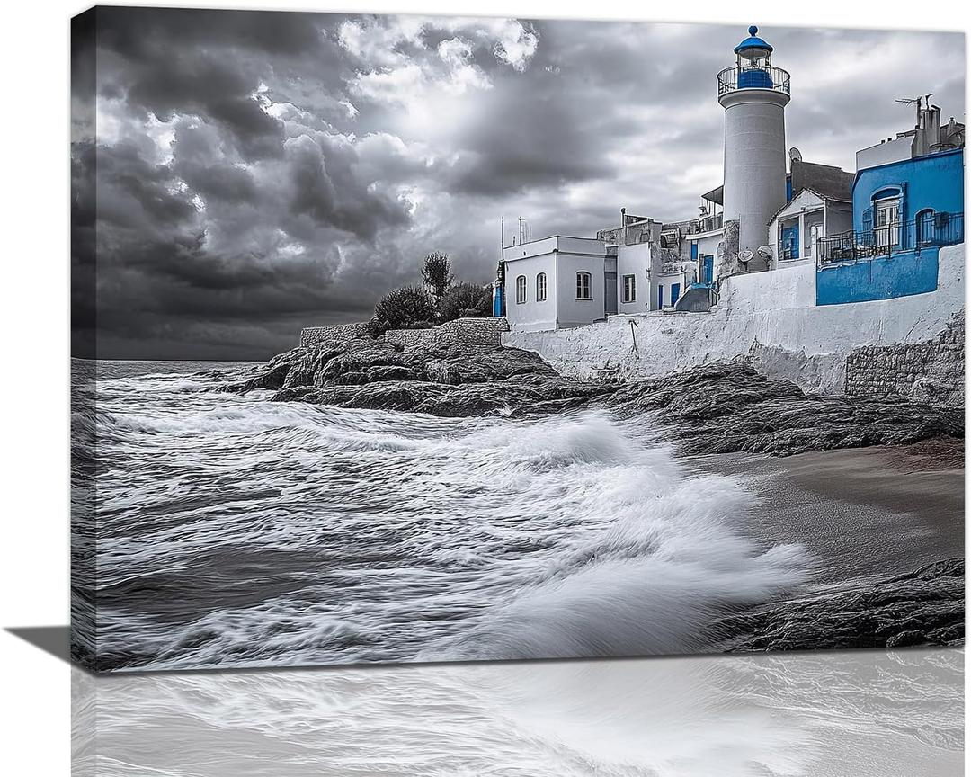Olivine Beach Wall Art, Coastal Lighthouse Pictures Wall Decor, Black And White Painting, Nautical Canvas Prints, Framed Artwork for Bathroom Bedroom Living Room Office Home Decoration 16"x12"