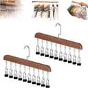 Closet Organizer with 10 Clips, 2PCS Space Saving Hanging Closet Organizer, Space-Saving Hat Scarf Clothespins for Jeans Skirts Socks Leggings Wooden Pant Hangers with Clips(Vintage)
