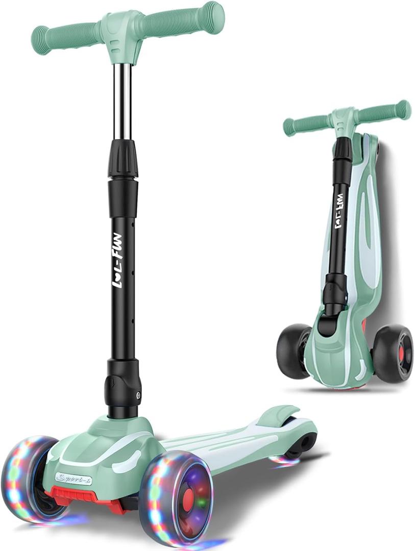 LOL-FUN Toddler Scooter for Kids Ages 3-12 Years Old Boy Girl with 3 Wheel LED Lights, Extra-Wide Childrens Foldable Kick Scooter Kids Ages 3-5 with 4 Adjustable Height and Lean-to-Steer (Mint Green)