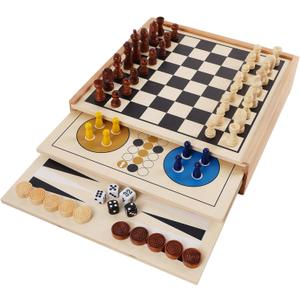 Juegoal 7-in-1 Wooden Board Game Set for Kids Adults, Tabletop Combo Classic Travel Portable Board Games (Chess, Checkers, Chinese Checkers, Backgammon, Parcheesi, Snakes and Ladders, Tic Tac Toe)