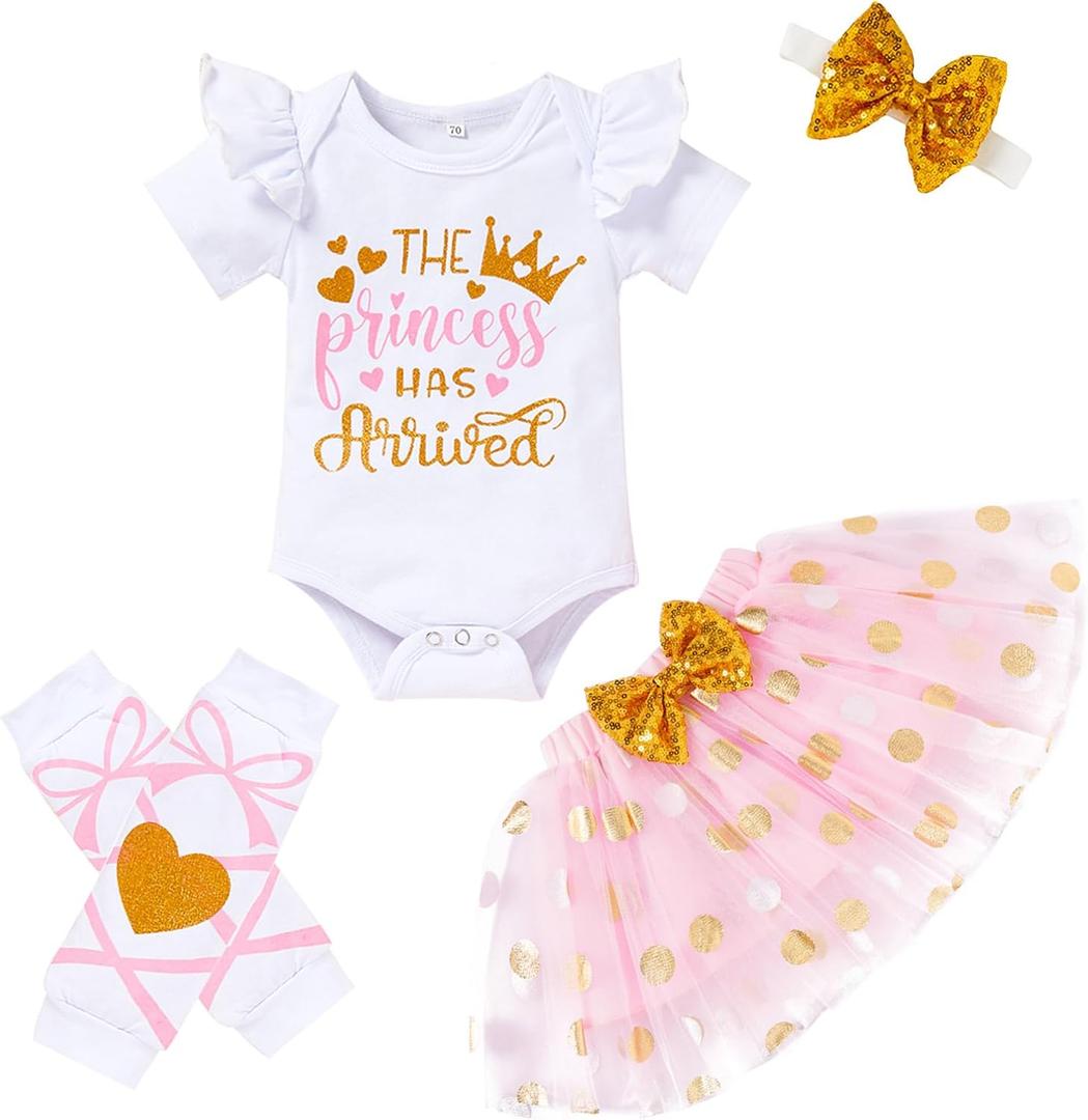 Newborn Baby Girl Outfits Infant Letter Print Romper+Tutu Skirt+Headband+Legging Warmer Coming Home Clothes Set (0-3 Months, Dot Pink)