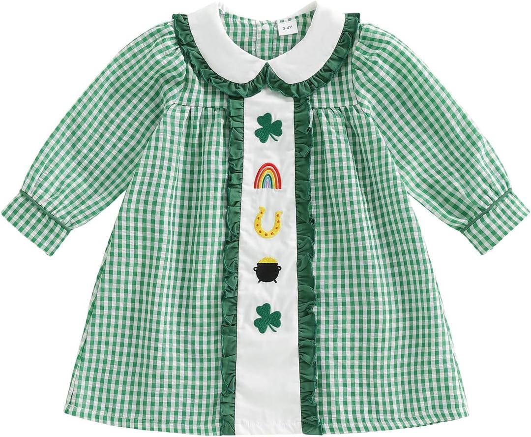 Little Kids Toddler Girl St Patricks Day Dress Clover Embroidery Smocked Plaid Ruffle Dress Irish Spring Dresses (5-6 Years, Green 5)