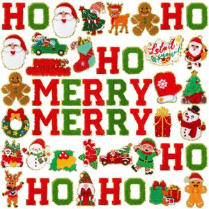 48 Pcs Christmas Iron on Patches Xmas Merry Hohoho Chenille Patches Santa Gingerbread Man Elk Embroidery Applique Patch Bulk for Christmas Clothing, Jackets Bag Dress Hats DIY Accessory