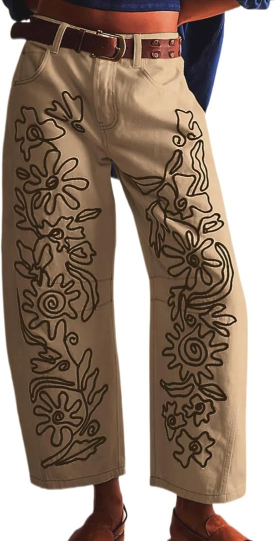 Embroidered Jeans for Women Barrel Pants Baggy Jean Y2k Boyfriend Cheetah Print Mid Rise Denim Ankle Pants (Medium, Khaki2)