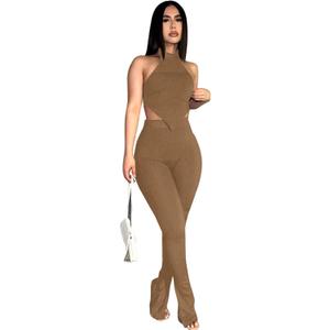 Ekaliy Two Piece Outfits for Women Sleeveless Crop Top Ribbed High Waist Long Pants Sets Party Jumpsuits Clubwear (L)