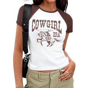 Cowgirl Shirts for Women Cowboy Country Concert Outfits Vintage Western Crop Tops Y2k Slim Fit Graphic Tees (Small)