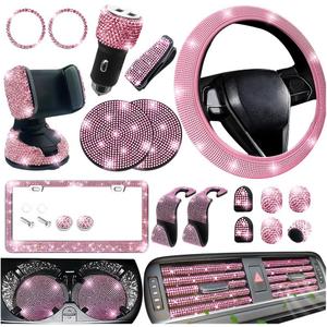 27PCS Bling Car Accessories Set for Women, 14.5-15" Rhinestone Steering Wheel Cover Cup Coaster, USB Charger Phone Holder Headrest Hook, Diamond Auto Interior Decor, Universal Fit (Pink)