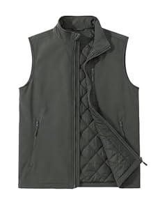 ASPO Men's Windproof Warm Golf Vest Outerwear with 6 Pockets Waterproof Winter Softshell Sleeveless Puffer Jacket for Hiking Dark Grey XL