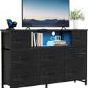 DUMOS TV Stand Dresser with 8 Fabric Drawers and Open Shelves, LED Entertainment Center with Charging Station, Wood Top Media Console for 45-55 inch, Bedroom, Woodgrain Black