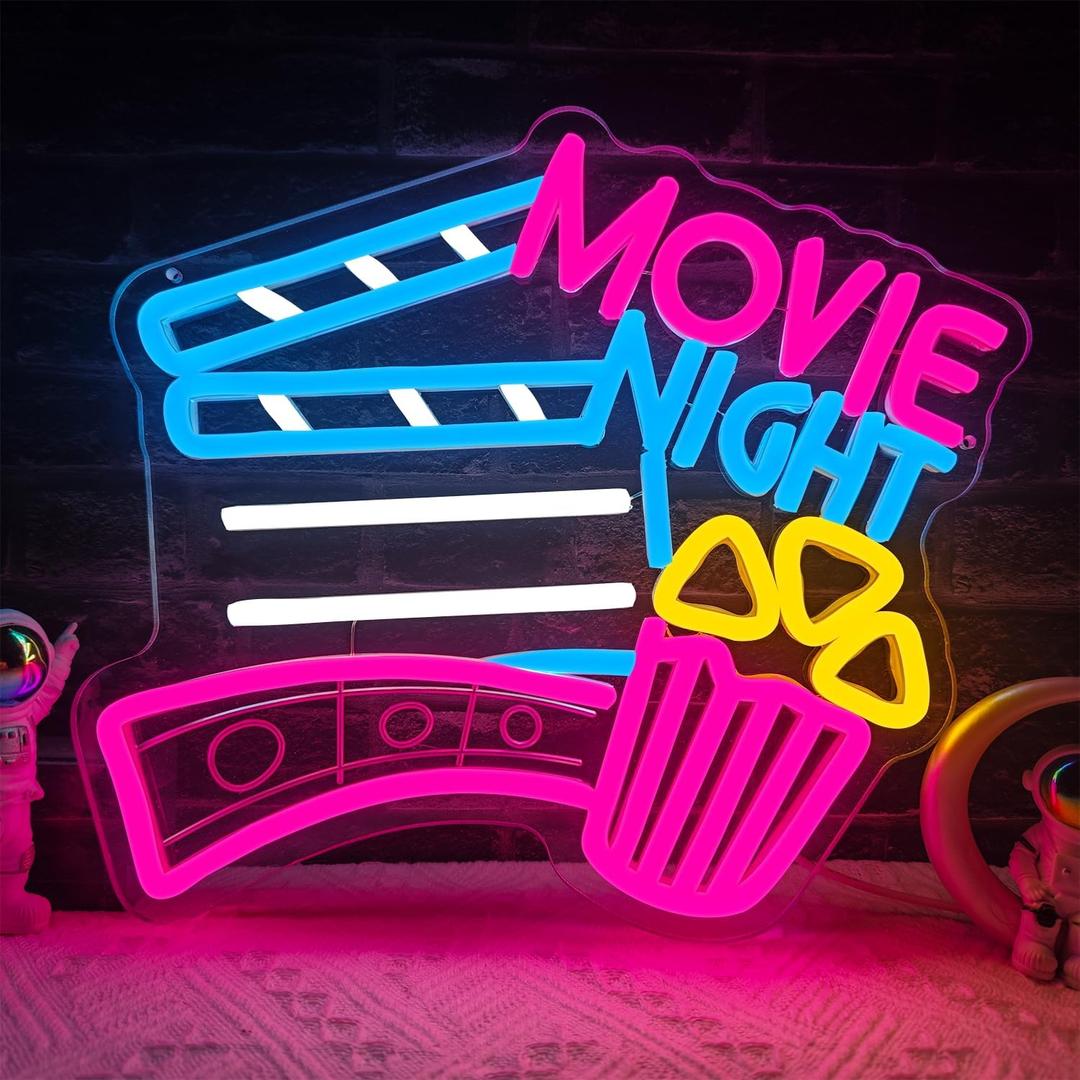 Movie Night Neon Sign Popcorn Cinema LED Light USB Powered Neon Light for Wall Decoration Movie Room Cinema Party Birthday Gift