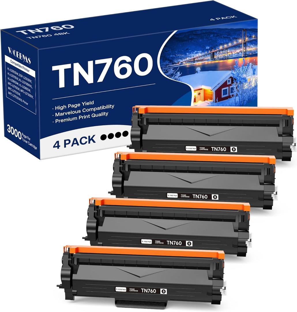 WOEBYAS Compatible TN760 Toner Cartridge Replacement for Brother TN760 TN730 with HLL2350DW HLL2370DW MFCL2750DW DCPL2550DW Printer (4 Black)