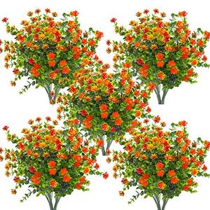 Grunyia 10 Bundles Artificial Fake Flowers, Faux Outdoor Plastic Plants UV Resistant Shrubs Outside Indoor Decorations (Orange-Eucalyptus)