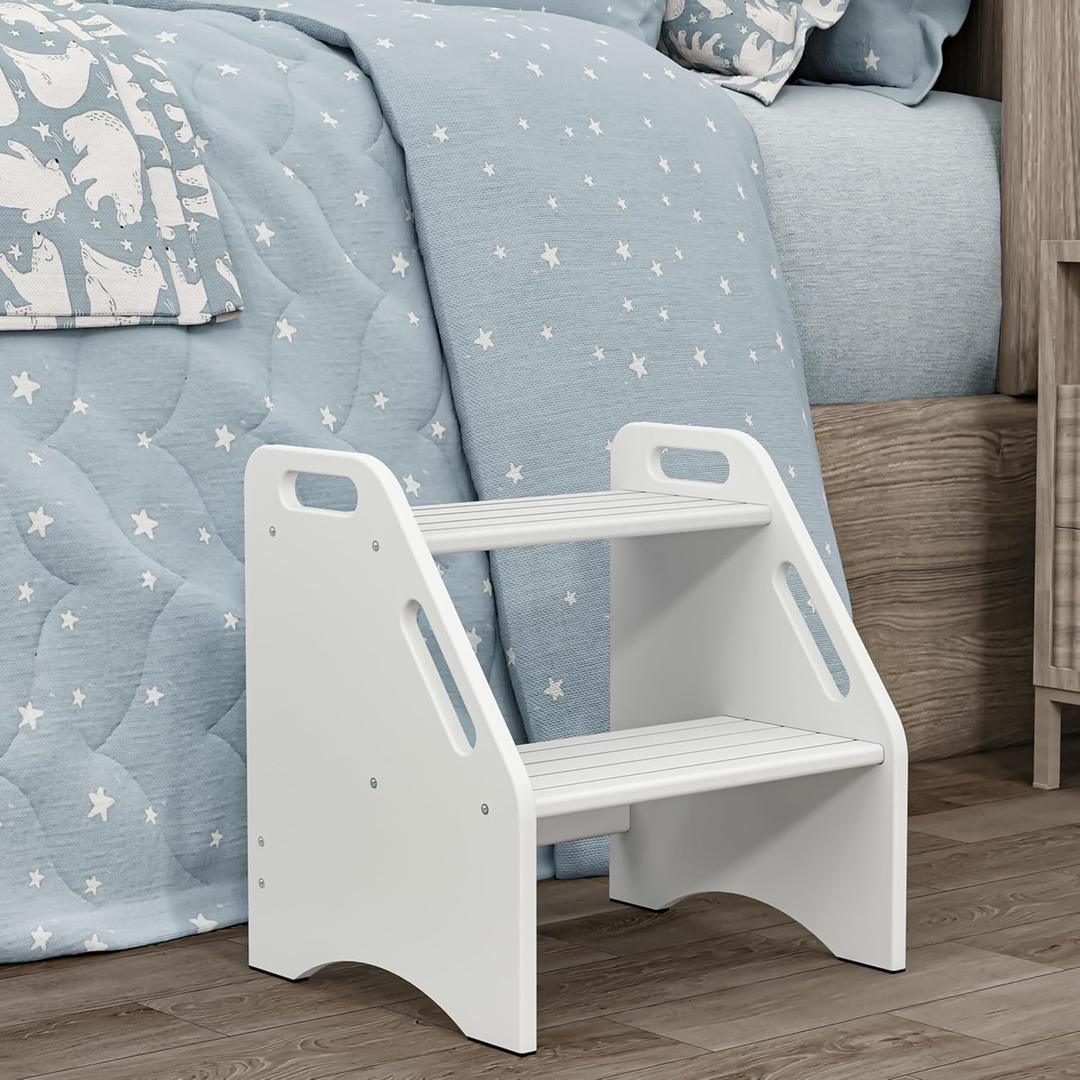 AMBIRD Wooden Step Stool, 15.75'' H 300 lbs Capacity with Safety Non-Slip Pads and Handles, Kitchen Step Stools, Bamboo Step Stool for Bathroom, High Beds (White)