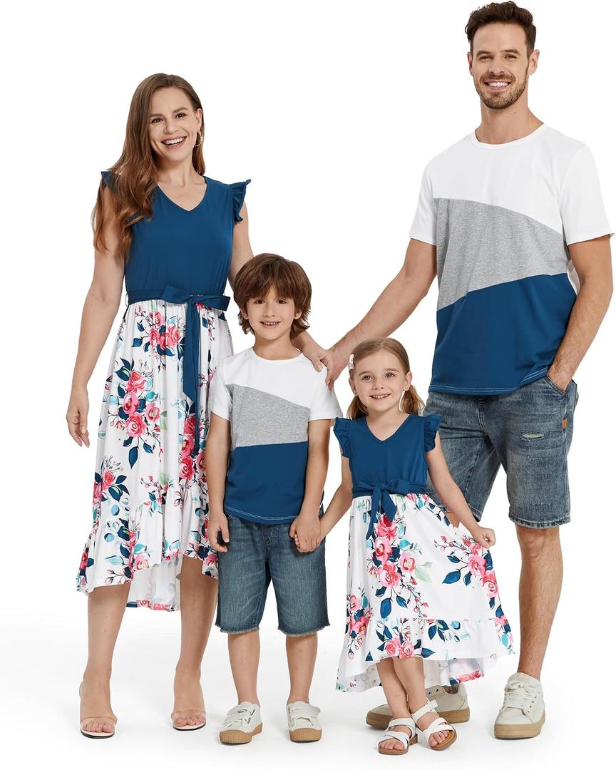 PATPAT Family Matching Outfits Mommy and Me Outfits Floral Dress & Tee Sets | Couples Matching Outfits, Women Girl Flutter Sleeve Dress, Men Boy Cotton Blend T-shirts, Beach Vacation, Family Photoshoot (Blue)
