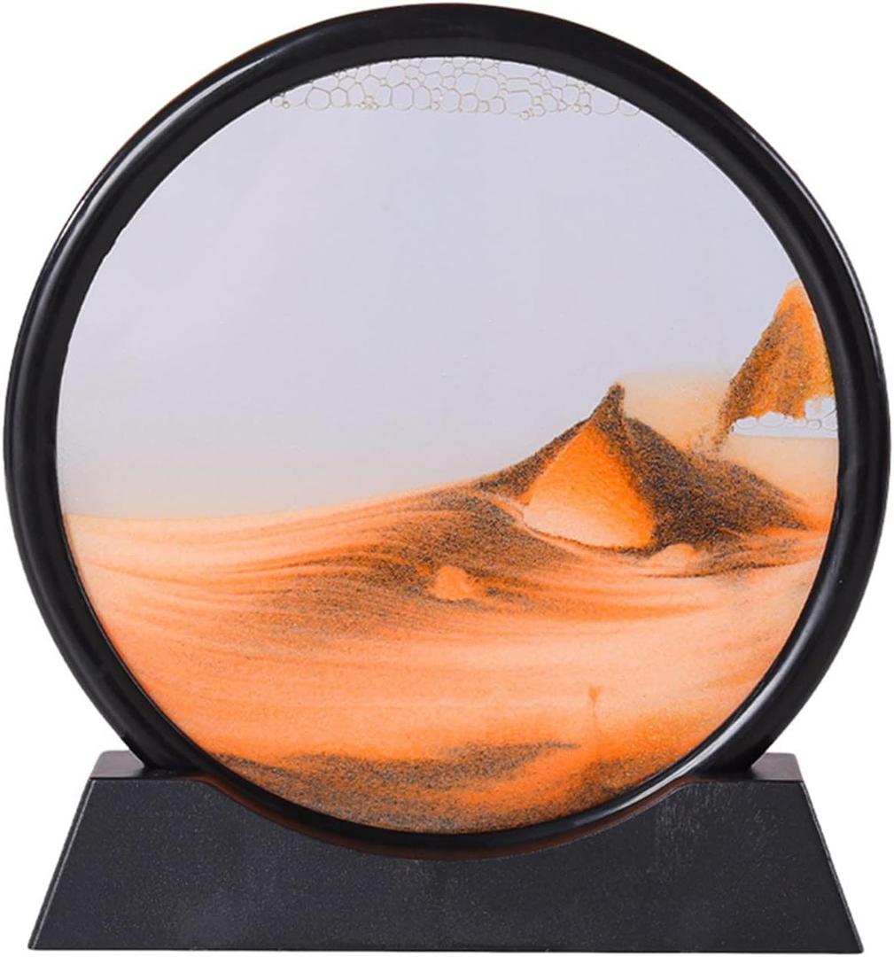 Arthink Moving Sand Art Picture in Motion Round Glass 3D Deep Sea Landscape, Dynamic Sand Art Sandscapes, Sensory Relaxing Desktop Table Decor Desk Decor Art Desk (7 inch, Orange)