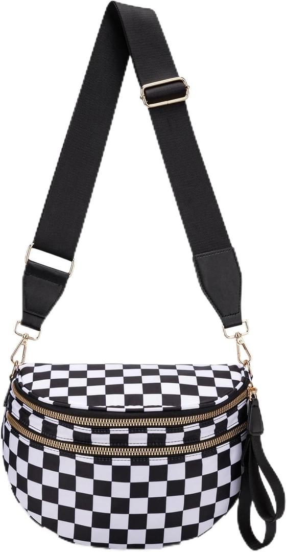 Pure Colour Crossbody Bum Bags for Women Spacious Checkered Cross body Bag Nylon Trendy Fanny Pack for Travel