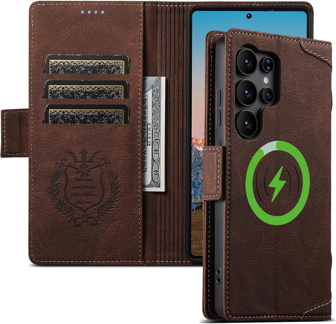 Premium Brown Leather Magnetic Wallet Case for Samsung Galaxy S24 Ultra | MagSafe Compatible Wireless Charging, 3 Card Slots & ID Holder, Kickstand, 360 Military Shockproof Protection