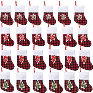 TWSANTAMAS 24 Pack Mini Christmas Stockings, 7 Inch Red Buffalo Plaid, Hanging Decorations for Fireplace Mantel, Home Holiday Decor