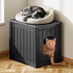 NUNU LAB Cat House for Indoor & Outdoor, Durable PP Plastic Cat Shelter with Easy Assembly & Cleaning, Cozy All-Season Pet House for Cats, Kittens & Small Pets (Black, Large) (22.8"D x 17.7"W x 21.7"H)