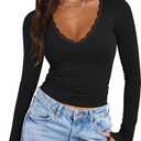 PINKMSTYLE Women Sexy V Neck Lace Long Sleeve Shirts Basic Fitted Double Lined Going Out Y2K Trendy Fall Tops (Medium, Black)