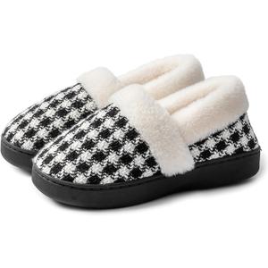 2 x UBFEN Womens Mens Slippers Memory Foam Comfort Fuzzy Plush Lining Slip On House Shoes (Black)